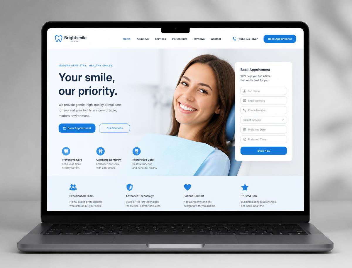 Dentist website design for Brightsmile Dental by Elevate Web Studio