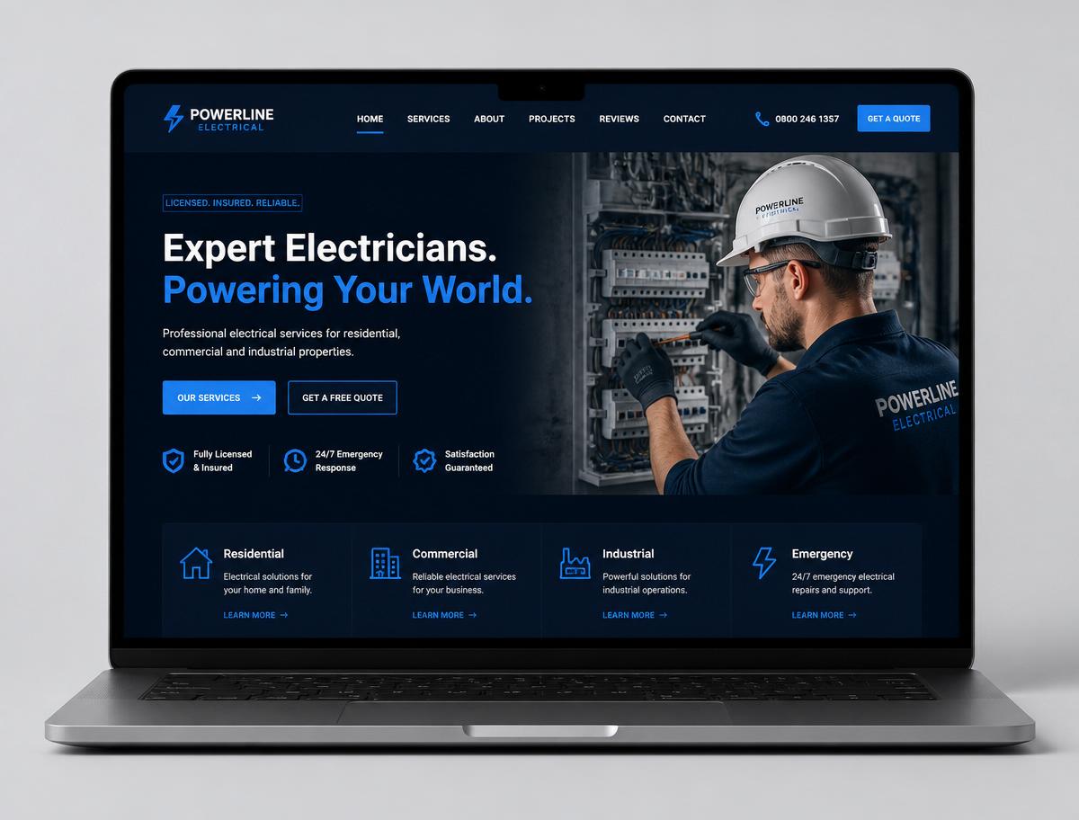 Electrician website design for Powerline Electrical by Elevate Web Studio