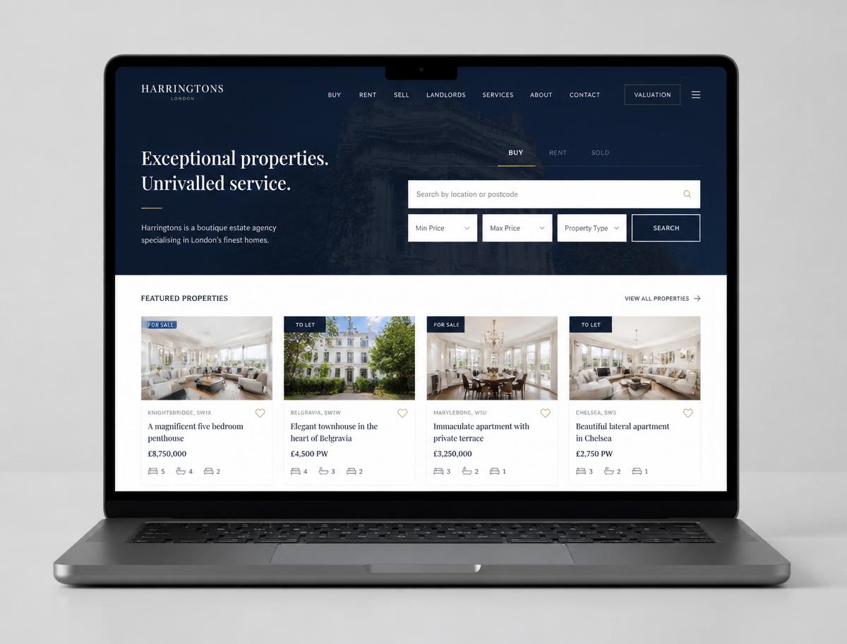 Estate Agent website design for Harringtons London by Elevate Web Studio